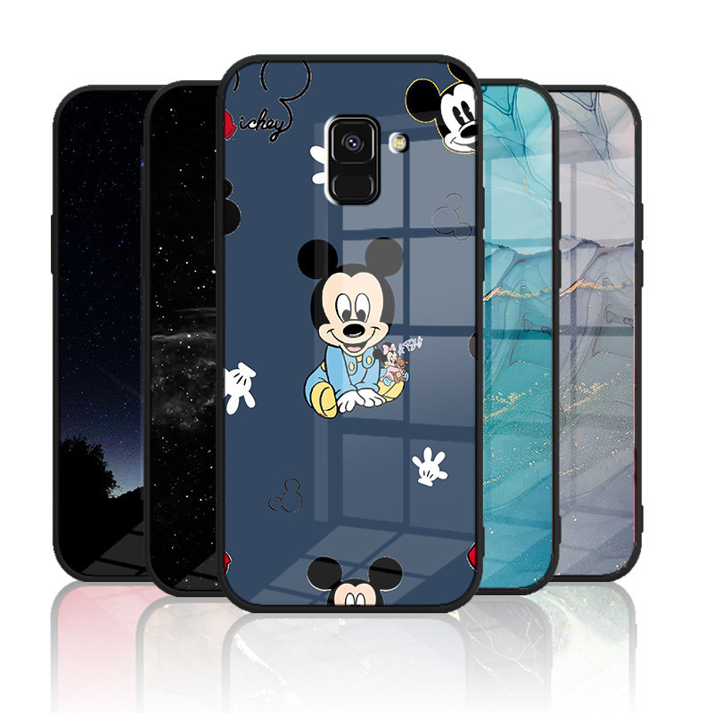 เคสกระจก Samsung galaxy A5 2018 / A6 2018 / A8 2018 / A8 plus 2018 / J6 2018 เคสกระจกนิรภัยฮาร์ดฝาหลังขอบซิลิคอนอ่อน