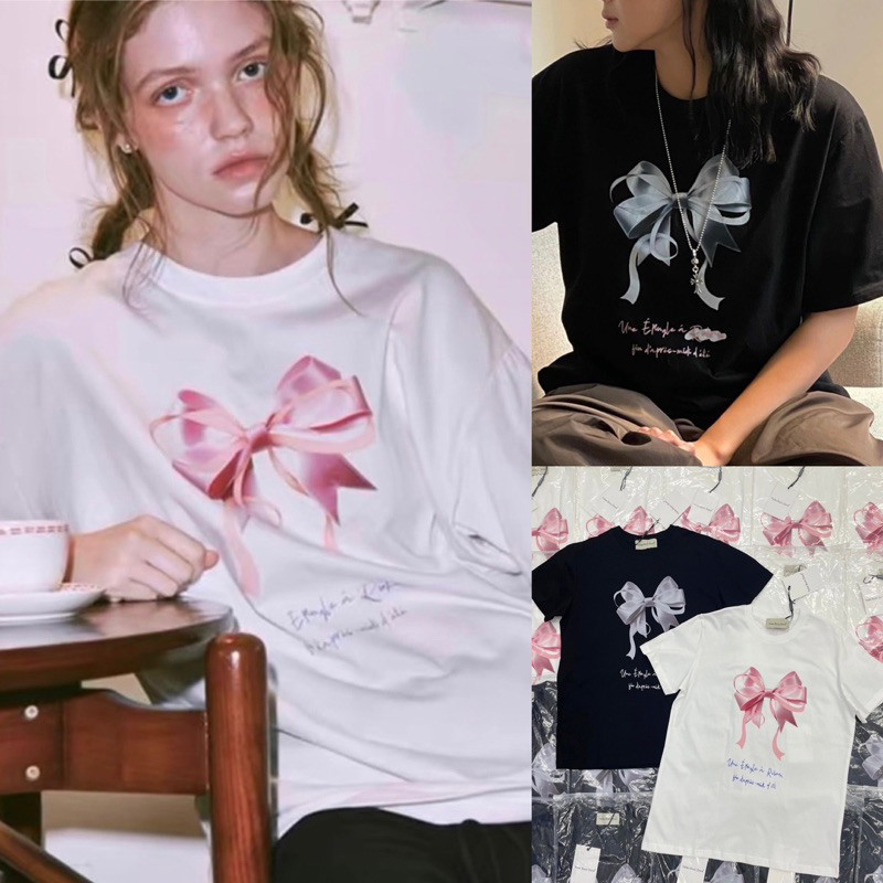 S-5XLNew Bow T-Shirt เสื้อยืดคอกลมแขนสั้น เนื้อผ้านุ่มใส่สบาย ตัวเสื้อทรงปล่อย สกรีนลงเนื้อผ้า ผ้าคุณภาพมากค่าา