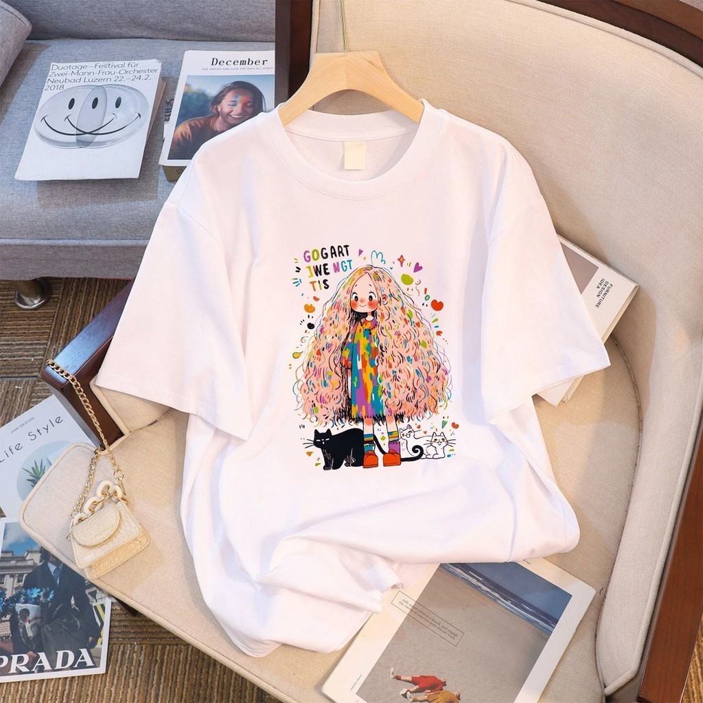 【My-T】พร้อมส่ง เสื้อยืด โอเวอร์ไซส์ cotton100% คอกลม เกรดพรีเมี่ยม ใส่สบาย ผ้านุ่ม สไตล์เกาหลี ลาย "Curly hair girl"