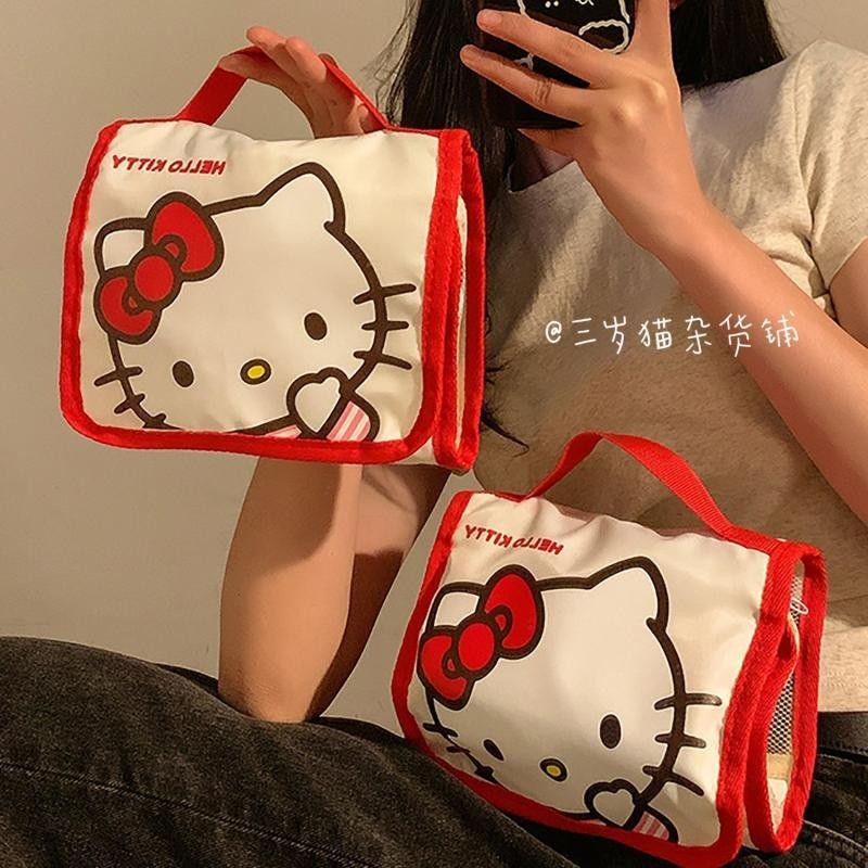 สินค้าใหม่พร้อมสต็อกแมวสามปี|คิตตี้ คิตตี้ แมวกระเป๋าเครื่องสําอางหญิงญี่ปุ่นน่ารักมัลติฟังก์ชั่สี่ในหนึ่งเดียวเดินทางแบบพกพาแป้งถุงเก็บ20240627