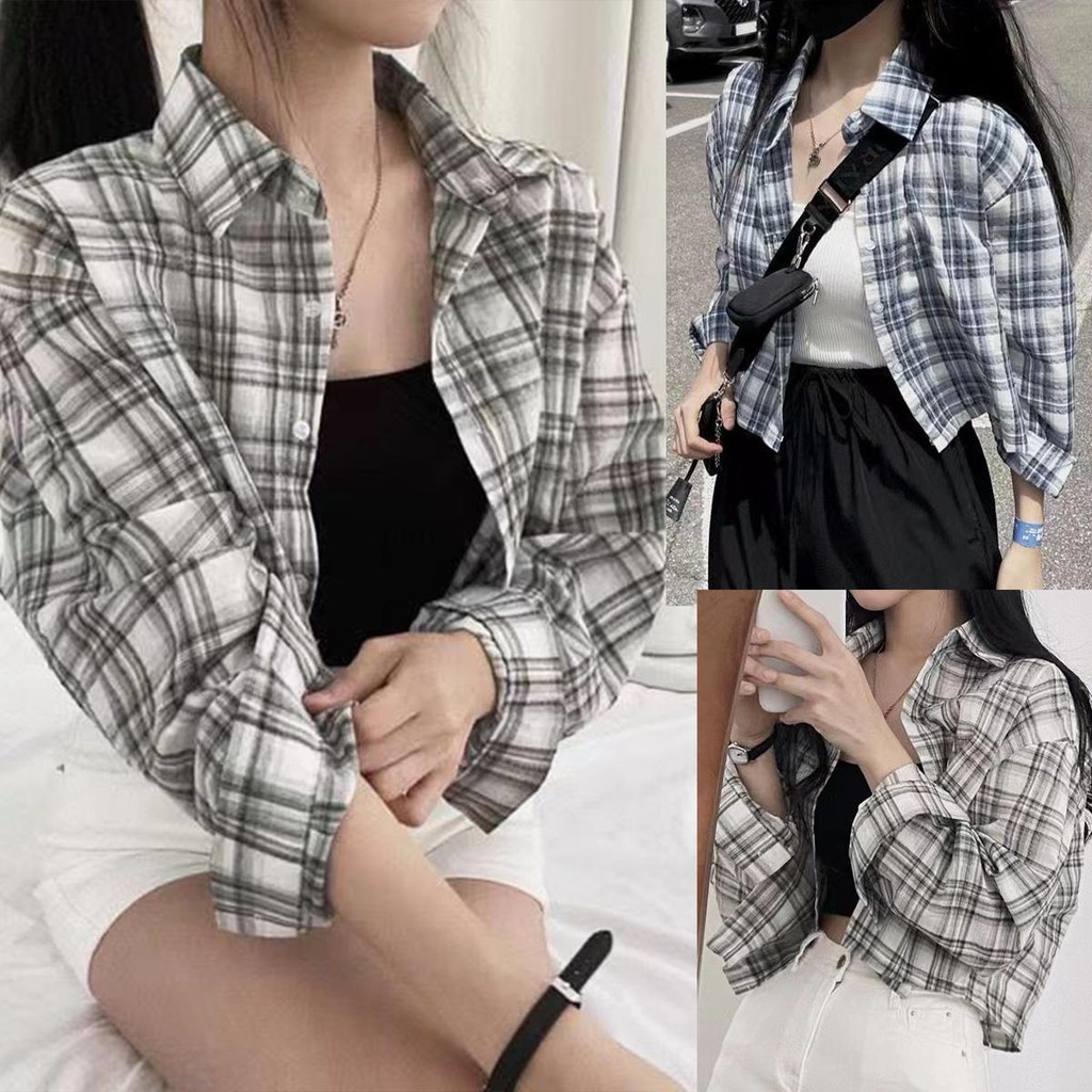 KOKO W423❤️เสื้อเชิ้ตแขนยาวลายสก๊อตลำลอง เสื้อแฟชั่นผู้หญิง ครอป ย้อนยุค สไตล์เกาหลี ท็อปส์ซูเย็นWomen Clothing