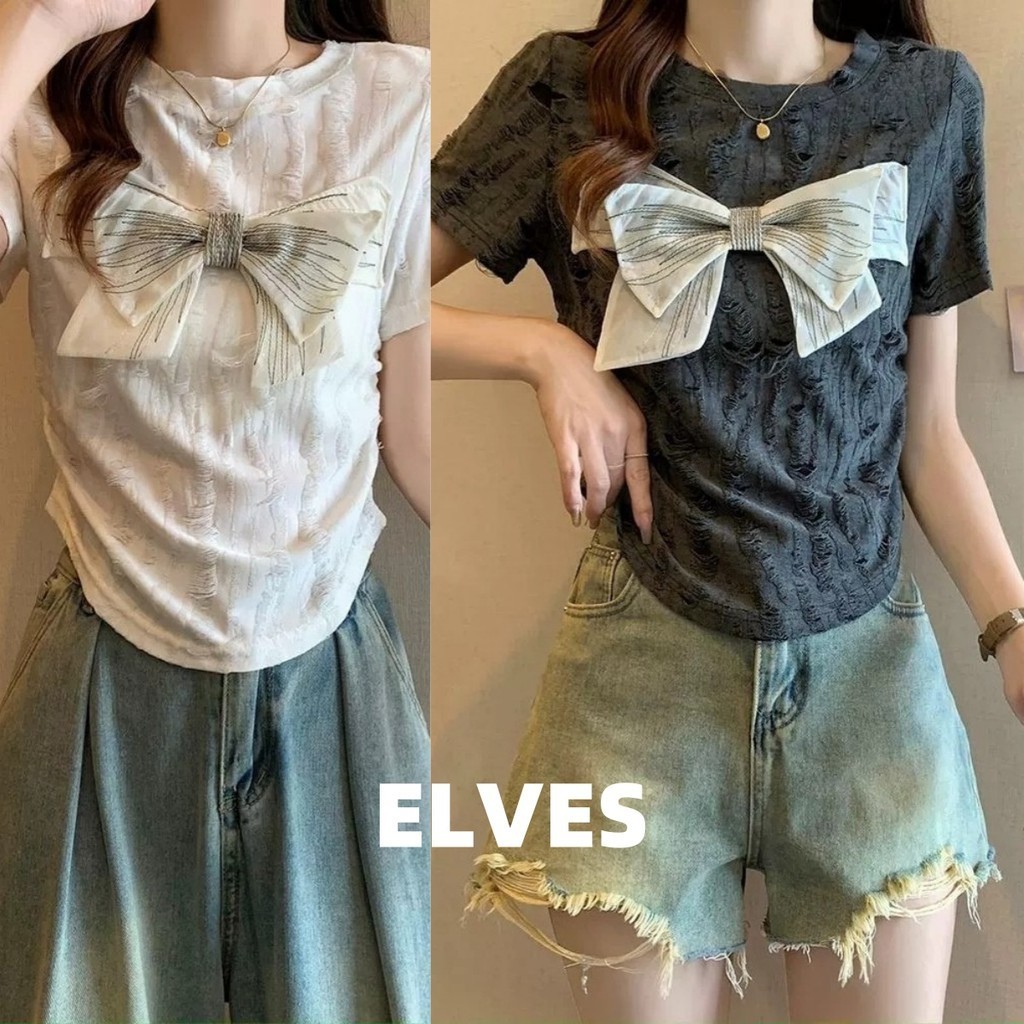 Elves พร้อมส่ง เสื้อไหมพรมแขนสั้นผู้หญิงสีทึบสไตล์เกาหลีคอกลมแต่งโบว์ (45705-3)