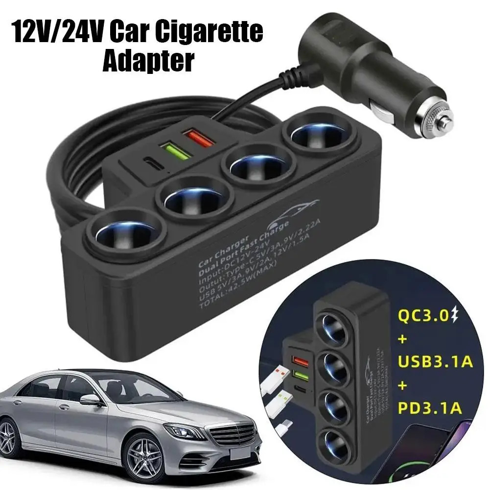 12V/24V อะแดปเตอร์ไฟแช็ก 4 ซ็อกเก็ต 3.1A Charger อินเทอร์เฟซ USB USB + QC3.0 + PD3.1A อุปกรณ์เสริม U