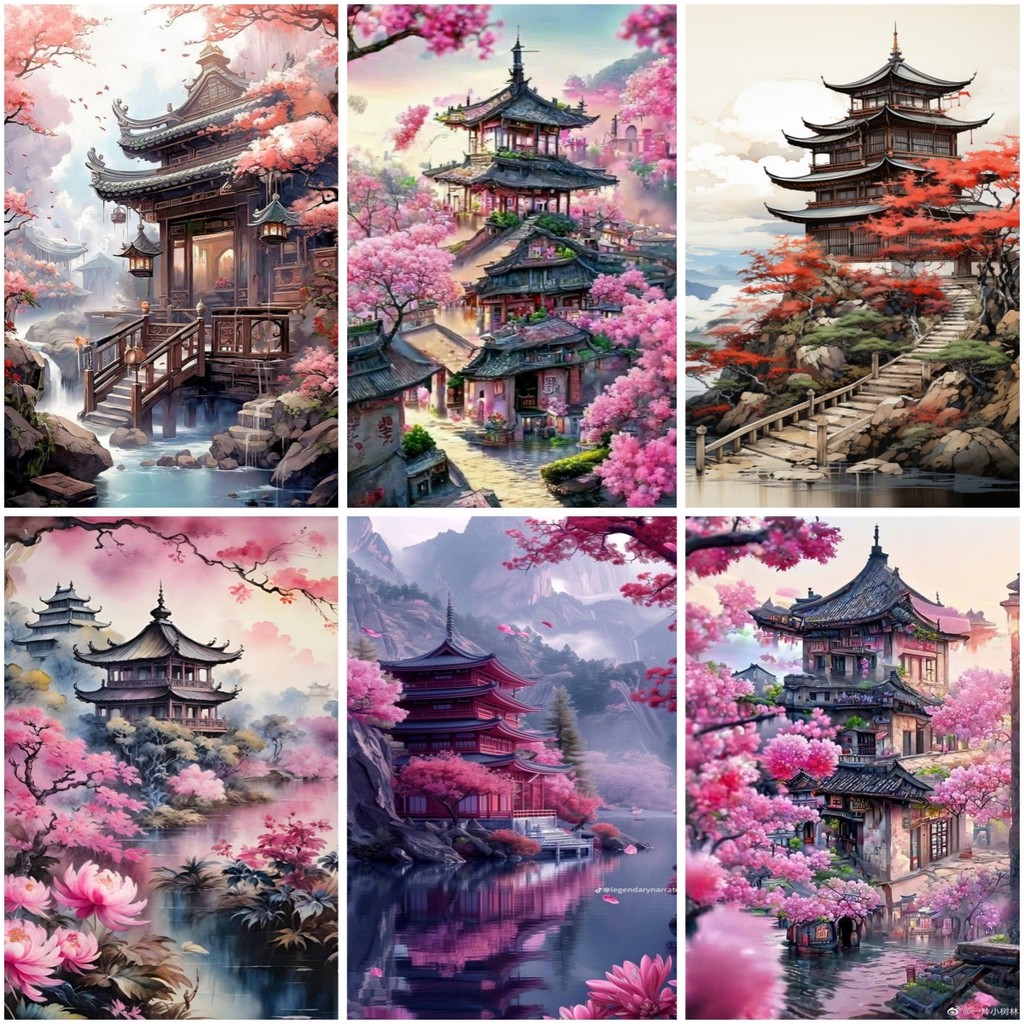 ชุดดอกซากุระที่สวยงามและชุดภาพวาดเพชรรูปแบบทาวเวอร์, ทําเอง 5ง ภาพวาดเพชรโมเสคภาพวาดผ้าใบทําหัตถกรรมสําหรับตกแต่งผนังศิลปะ, ไม่มีกรอบ