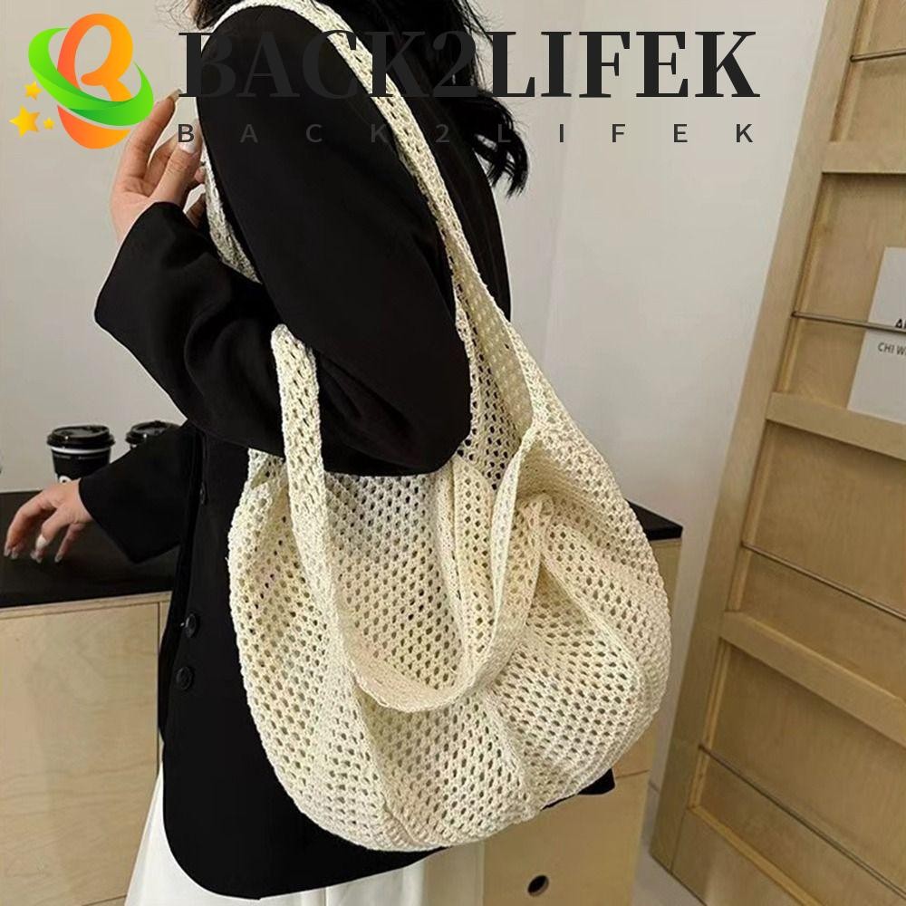 Back2lifek กระเป๋าสะพายถักผู้หญิง, สีทึบความจุขนาดใหญ่โครเชต์ตาข่าย Tote, Bohemian Hollow Out Soft Spacious Casual ทอกระเป๋าถือวันหยุด