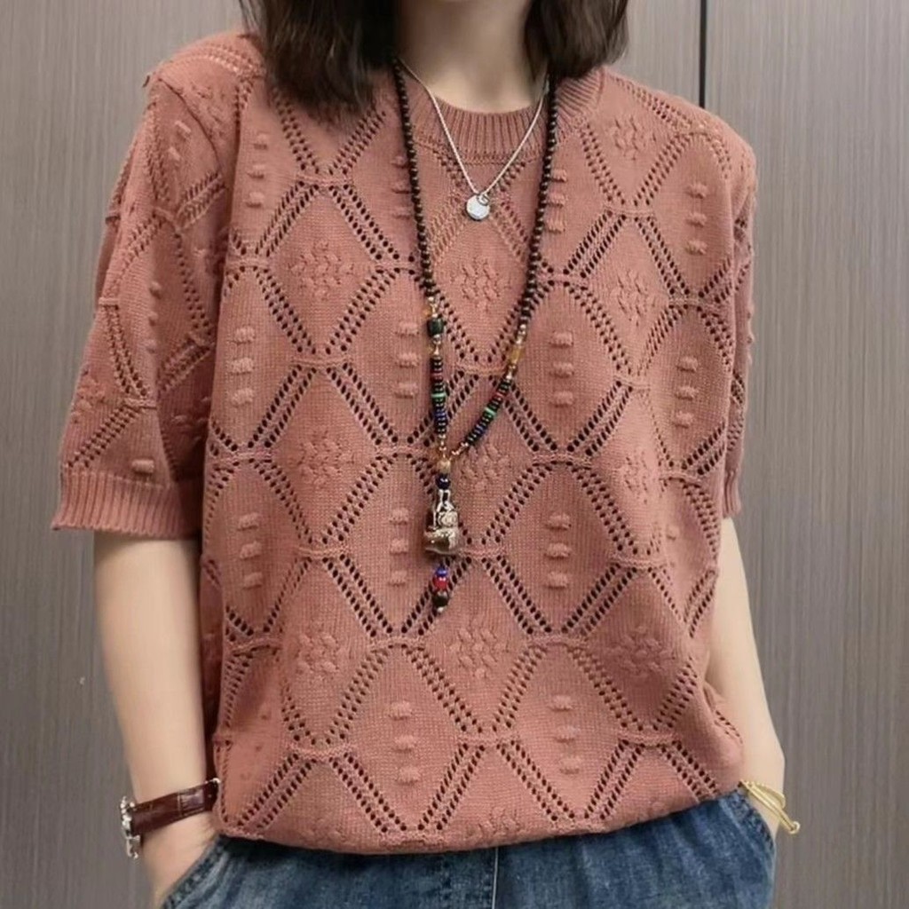 เสื้อยืดผู้หญิง-ฤดูร้อนแฟชั่นสตรีใหม่สบายๆที่เรียบง่าย ผ้าแจ็คการ์ด กลวงเสื้อกันหนาวบางด้านบน