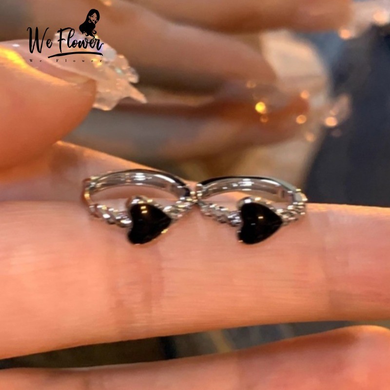 We Flower Cool Sweet s925 Silver Glossy Black Heart Hoop ต่างหูสําหรับผู้หญิงแฟชั่น Twisted Ear Circle เครื่องประดับ