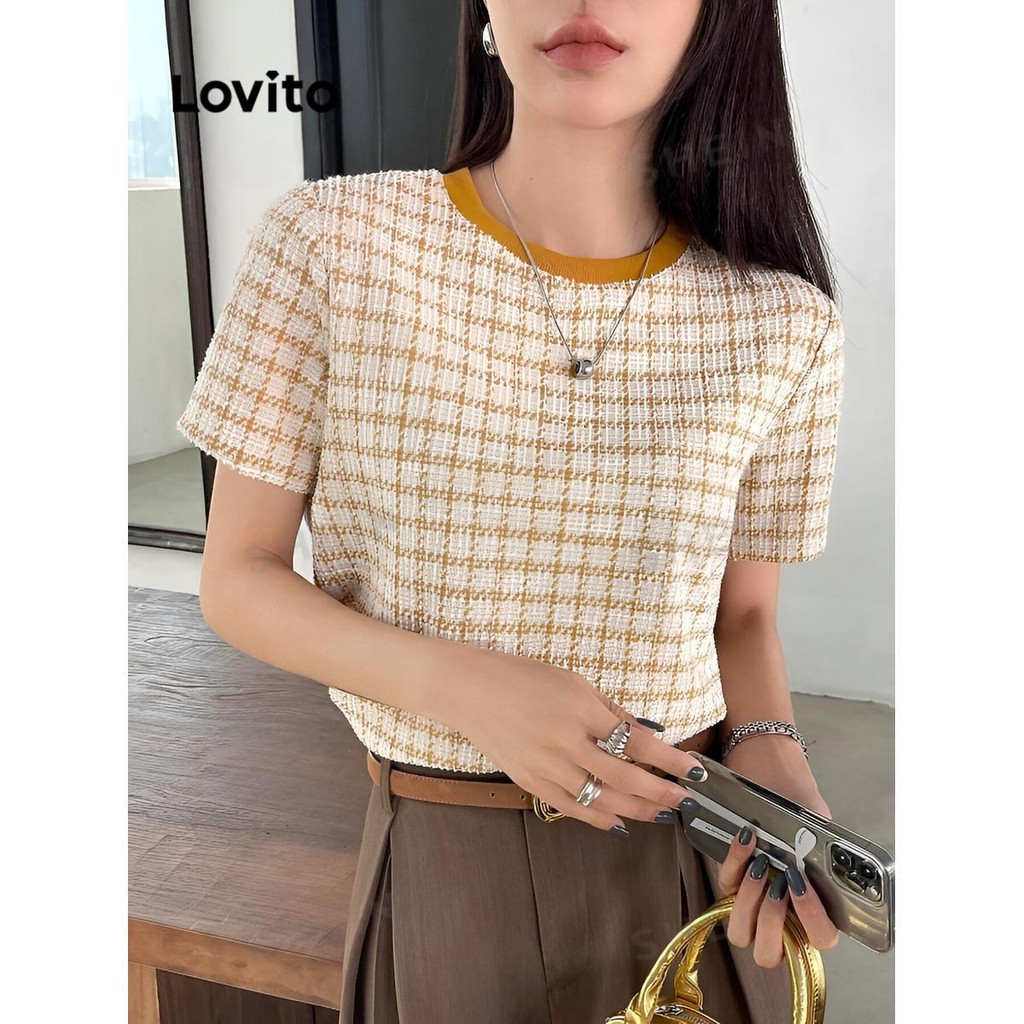 Lovito เสื้อเบลาส์ลาย ลายกิงแฮมลำลองสำหรับผู้หญิง LMD81300