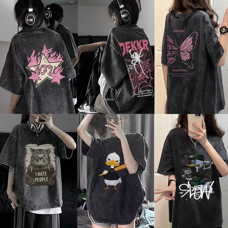 YOU-T✨เสื้อยืดแขนสั้น เสื้อยืดฟอก ยูนิเซ็กส์ เสื้อเชิ้ตวินเทจ ไม่หดตัว คอกลม ผ้าฝ้าย100% สวมใส่สบาย สตรีทสไตล์