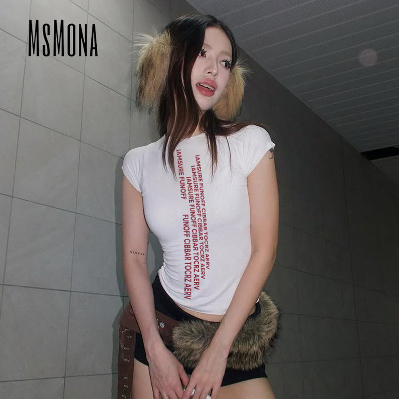 นางสาว ผู้หญิงเสื้อยืด 2025 พิมพ์คอกลมแขนสั้น แฟชั่นทุกวัน สบาย สลิมฟิต กลางแจ้ง สตรีทแวร์