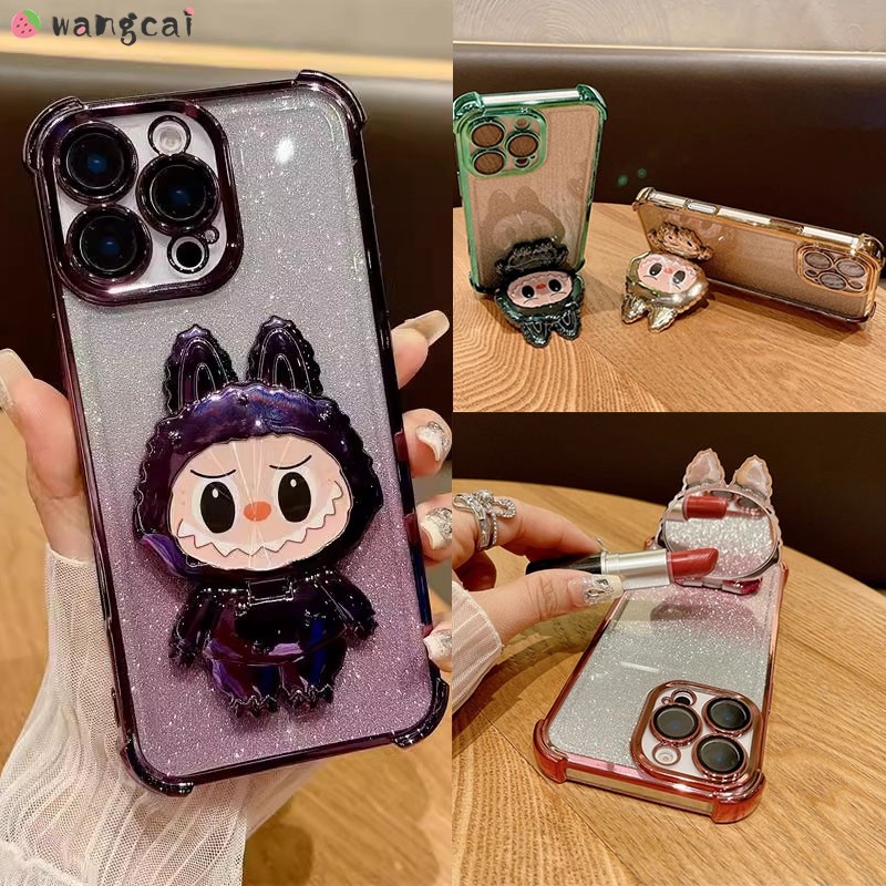 สําหรับ Vivo X200 X100 X100s X90 Pro Mini Ultra Plus เคสโทรศัพท์ Labubu แต่งหน้ากระจกผู้ถือขาตั้งน่ารักการ์ตูนเงา Shining ชุบ Glitter หรูหรานุ่มกรณีปกหลัง