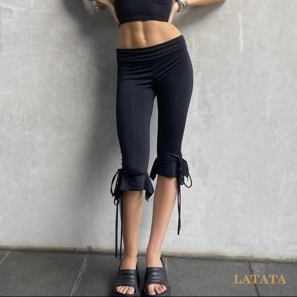 Latata -women Capri กางเกงสีทึบเอวยางยืด Tie-Up ฤดูร้อนสบายๆกางเกงตัดยืด Crop Leggings