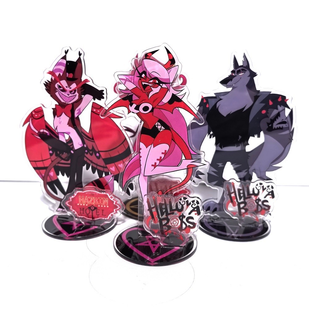 เวลาจํากัด Hazbin Hotel Anime สินค้า Evil Boss ขาตั้งอะคริลิค Hell Inn เดสก์ท็อปตกแต่งพัดลมคอลเลกชันของขวัญยี่ห้อใหม่