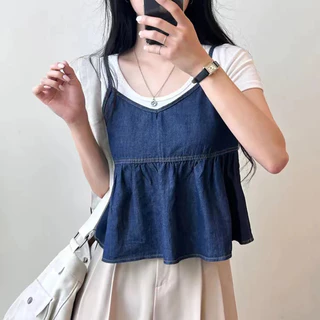 Solovely ผู้หญิง สไตล์เกาหลี เสื้อครอป สีพื้น เสื้อแขนกุด สตรีทสไตล์ เสื้อกล้าม