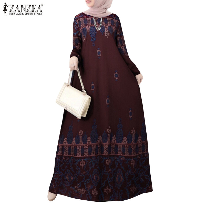 Zanzea ผู้หญิงมุสลิมคอกลมสง่างามชาติพันธุ์พิมพ์ Maxi โบฮีเมียชุด A-Line