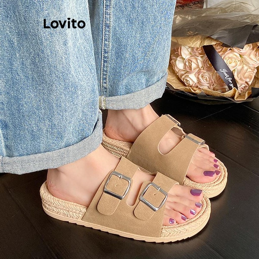 Lovito รองเท้าแตะส้นแบนแบบลำลองสำหรับผู้หญิง เชือกฟางถักเทียม หัวเข็มขัดเรียบ พื้นหนา สวมใส่สบาย สวมใส่ได้ทุกวัน LFA72244