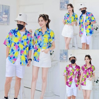 PINK06เสื้อฮาวายลายใบ ไซส์S-8XL ครบทีม ผ้าโพลีพลีเมี่ยม ทรงว…