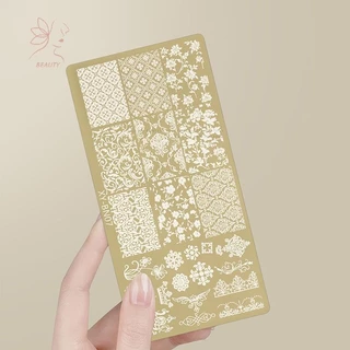 [maybeauty] แผ่นปั๊มเล็บสี่เหลี่ยมสีทอง 12x6 ซม.Bowknot ดอกไม้ดอกไม้ไฟออกแบบเล็บแม่แบบสําหรับตกแต่งเล็บ DIY {TH}