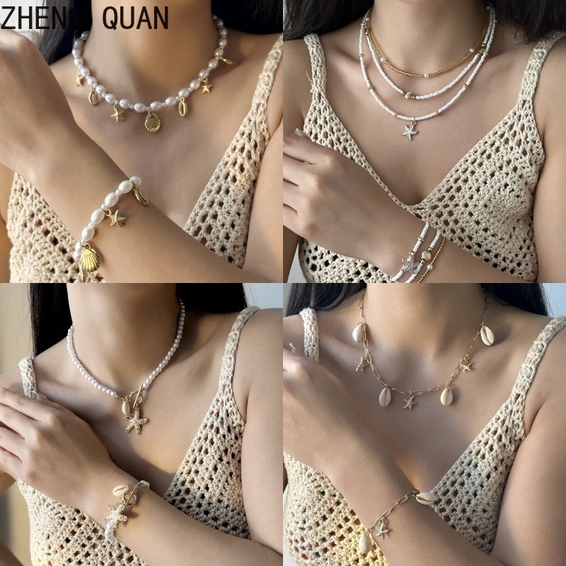 1เซ็ตแฮนด์เมดโบฮีเมียนเชลล์บีชเครื่องประดับชุดปลาดาวธรรมชาติเปลือกหอยสังข์มุกสร้อยคอสร้อยข้อมือกําไลข้อเท้าต่างหูสําหรับผู้หญิงปรับฤดูร้อนมหาสมุทรของขวัญวันเก