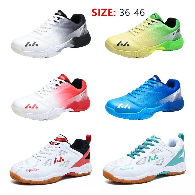 รองเท้าแบดมินตัน ขนาด 36-46 7 สี รับประกันคุณภาพ 2 เดือน ชดเชยความเสียหาย รองเท้าสำหรับทุกเพศ พื้นผิวตาข่ายระบายอากาศ พื้นกันลื่น ดูดซับแรงกระแทกได้ดี