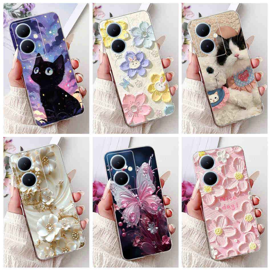 สําหรับvivo Y78 Y78 + V2271Aแมวน่ารักผีเสื้อดอกไม้รูปแบบปลอกVivo Y78 Plus Y 78 Global SoftซิลิโคนTPU