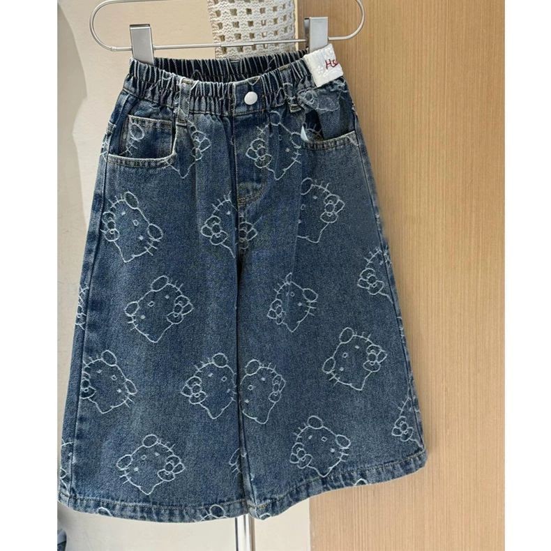 [2004 คน ของสะสม] กางเกงเด็กผู้หญิงกางเกงยีนส์ 2025 ฤดูใบไม้ผลิฤดูใบไม้ร่วงสไตล์เกาหลีรุ่นเด็กน่ารักคิตตี้แมวพิมพ์เต็มกลางเด็กเล็กกางเกงขากว้า❤3.27❤