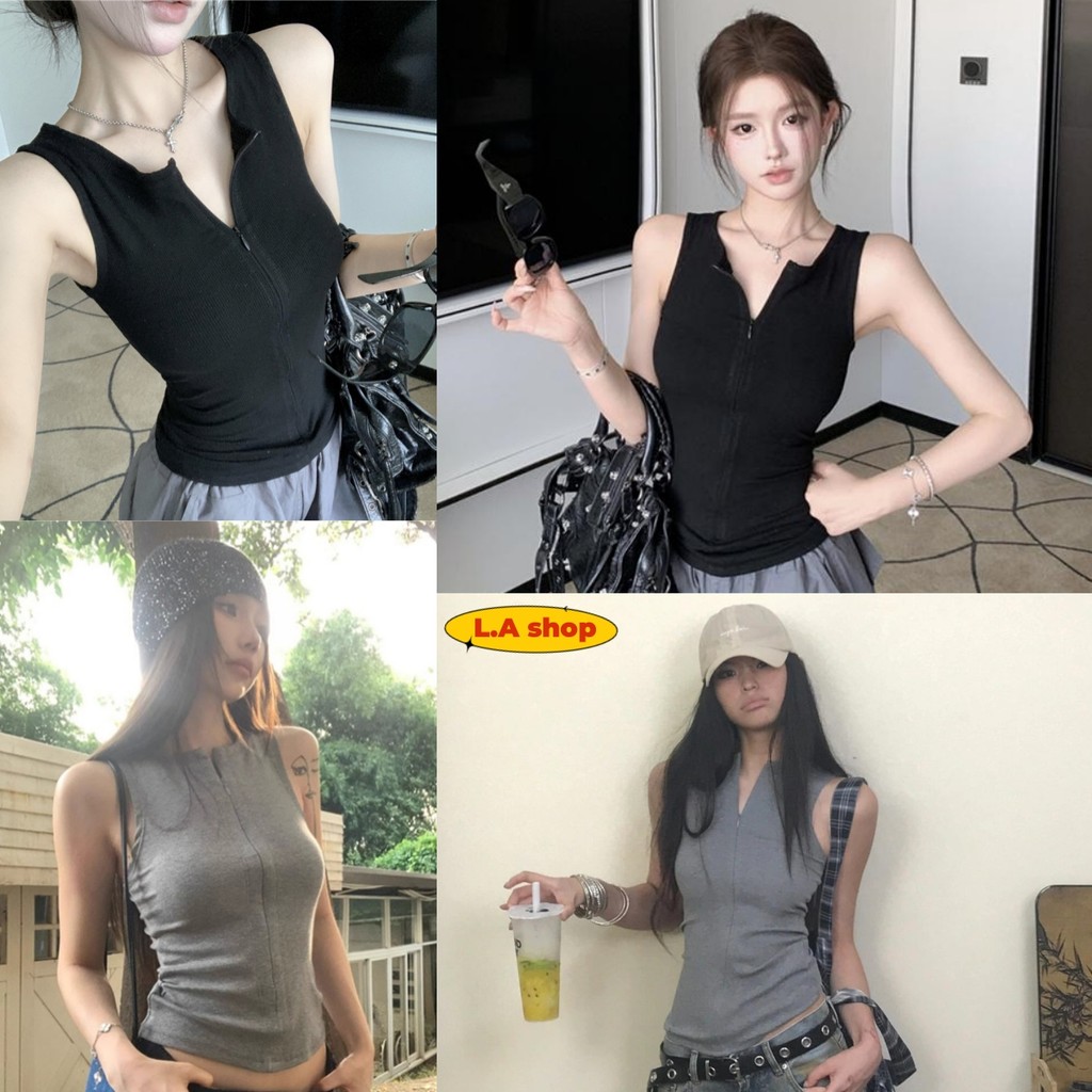 L.A Shop★สไตล์ใหม่★ เสื้อกล้าม แขนกุด น่ารักๆดีเทล ซิปรูดด้ายหน้าสีพื้น ยืดพอดี "FY2653"