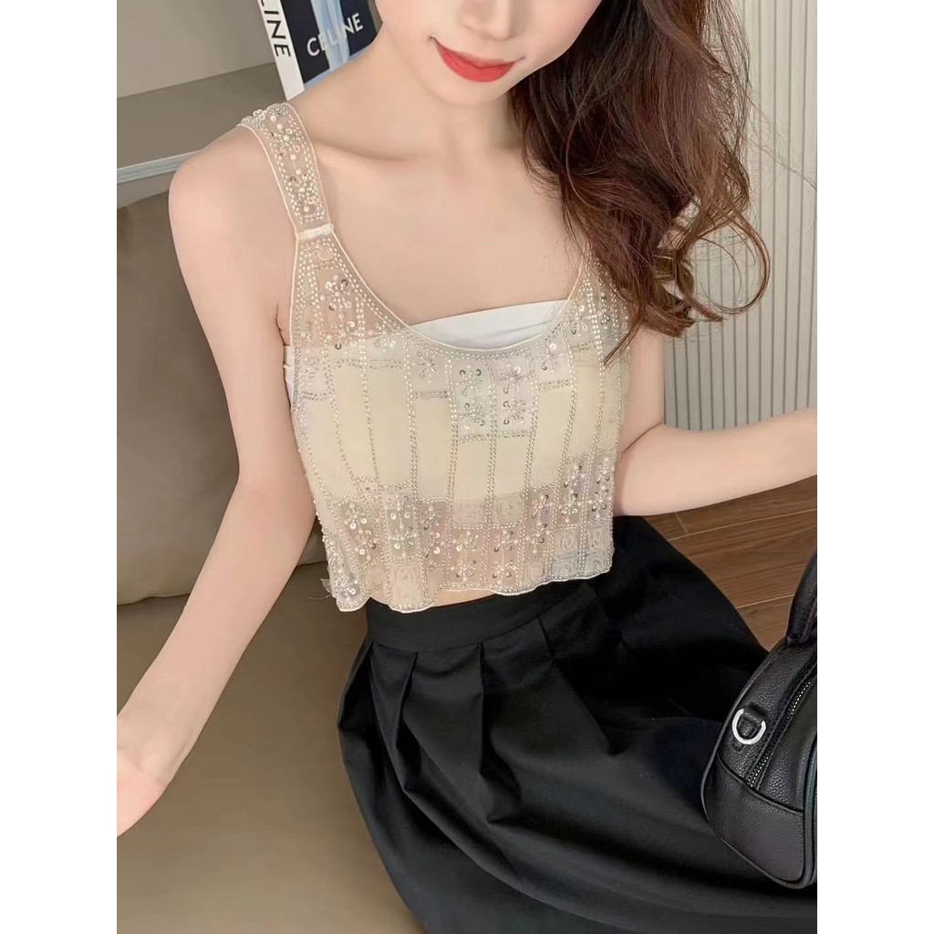 เสื้อชั้นในสตรีลูกไม้โปร่งใสขนาดเล็กที่ไม่เหมือนใครและสวยงามเสื้อกล้าม bottoming แขนกุดสำหรับผู้หญิงในช่วงฤดูร้อนผ้าตาข่ายที่บริสุทธิ์และปรารถนาเสื้อด้านบนลายตารางเข็มม้า888f