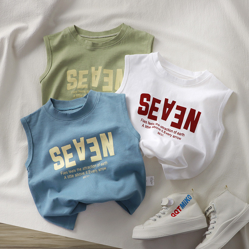 [เฮ้] 80-150 เด็กฤดูร้อนผ้าฝ้ายแท้ด้านบนเวอร์ชั่นเกาหลีเสื้อกั๊กไหล่กว้างชายหญิงเสื้อยืดแขนกุดเด็กใหญ่ทุกการแข่งขัน จุดต่ําสุด