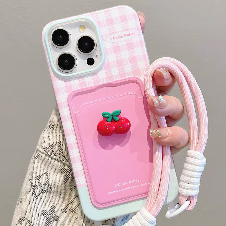 เหมาะสําหรับ แอปเปิล 16 โปรแม็กซ์ เคสโทรศัพท์ ไอโฟน 14 อิน สไตล์เกาหลีเชอร์รี่ลายจุด 12 ผู้หญิง 11 พร้อมเชือกแขวน 13 มือโปร การ์ดแทรกกระเป๋า 15 แพ็คเต็มซิลิโคน น ใหม่ พี
