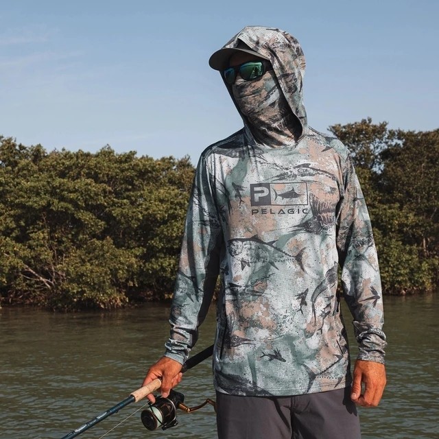 เสื ้ อผ ้ าตกปลาแขนยาว Hooded UV Protection Mask Hoodie เสื ้ อตกปลา Upf 50 + ผู ้ ชาย