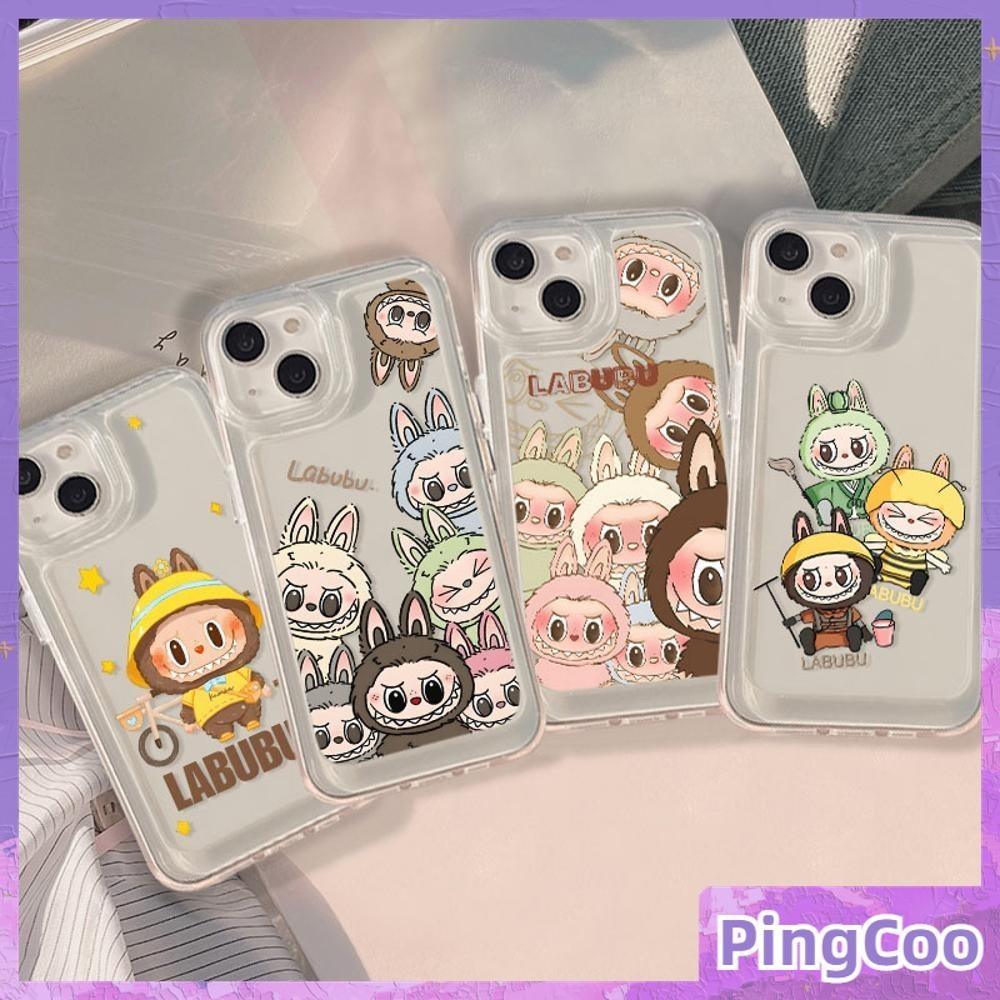 Pingcoo - สำหรับ iPhone 15 Pro Max เคสใส TPU ปุ่มชุบไฟฟ้าอ่อนป้องกันกล้องกันกระแทก LABUBUตุ๊กตาน่ารัก เข้ากันได้กับ iPhone 14 13 12 11 XS XR 7Plus 8 Plus