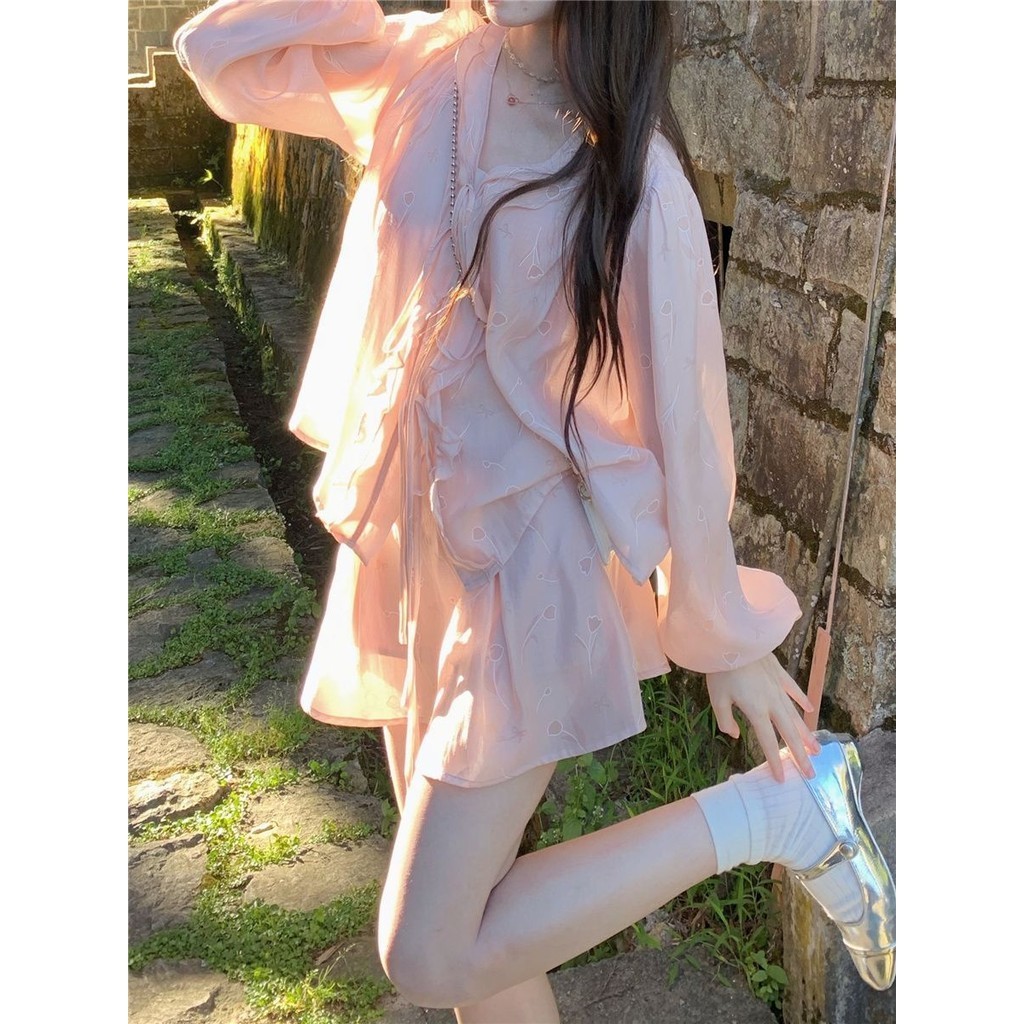 [MH ] เทพธิดา Little Peach Luck ชุดฤดูร ้ อนสีชมพูชุดสูทสองชิ ้ น Slimmer ดู Slimmer ปกเนื ้ อสาวน ้ อยหวาน Cool กระโปรง