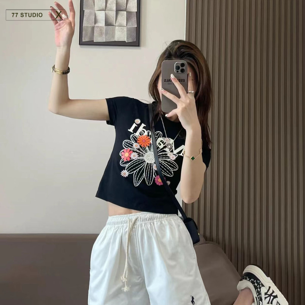 （พร้อมส่งจากกทม มาถึงใน 2วัน）สไตล์ยอดนิยมของเกาหลี เสื้อครอปเเขนสั้น วัสดุผ้าฝ้ายแท้ นิ่มใส่สบาย mardi เสื้อยืด baby tee