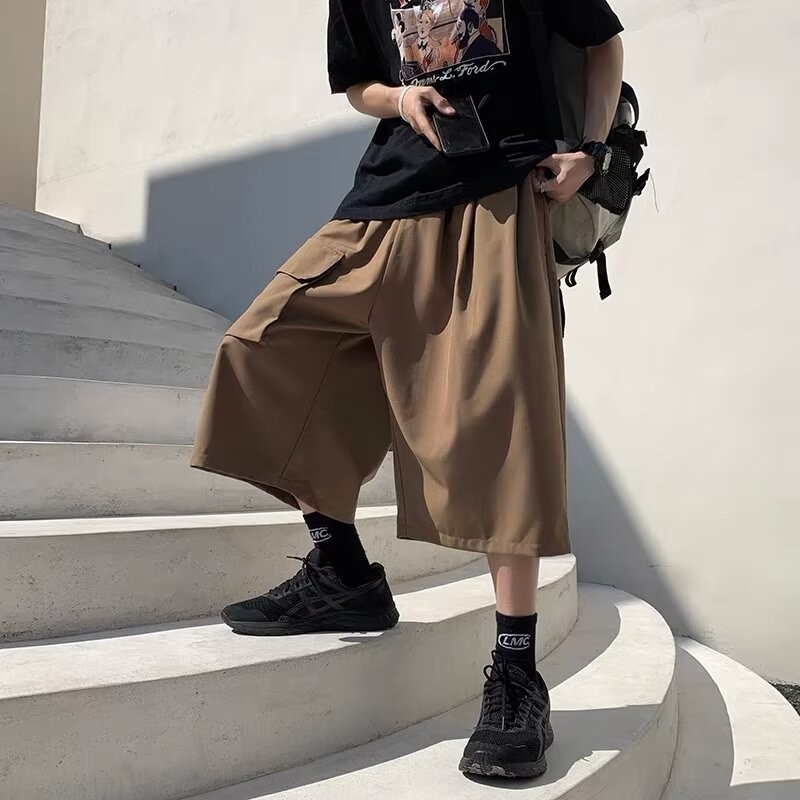 High Street vibe Cropped Pants ผู้ชายฤดูร้อน ins Street Wear Over-the-Knee Wide-Leg Cropped Pants หลวม Over