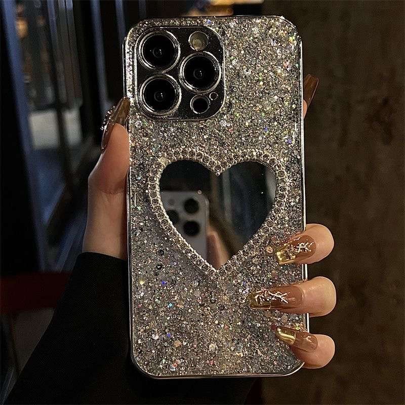 Makp up Diamond Love Mirror Silvery Sparkly Bling Soft สําหรับ iP iPhone 15 14 13 12 11 Pro Max 15plus 15prm 12prm 11prm promax สาวผู ้ หญิง Electroplated Apple แฟชั ่ นหรูหรา