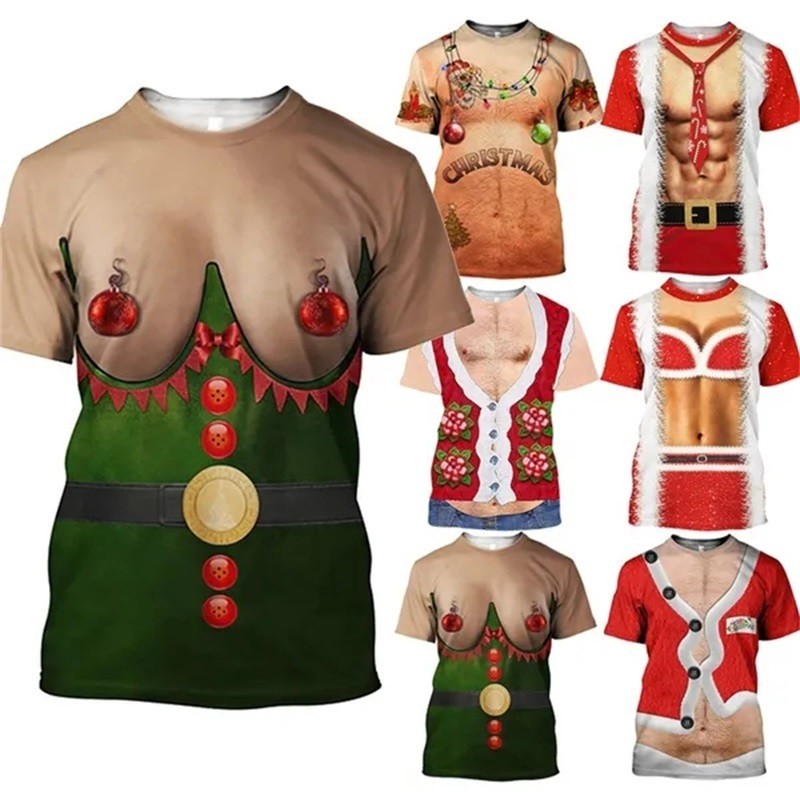 3D พิมพ์ตลกกราฟิก T เสื้อทั้งหมดพิมพ์ Hairy Ugly Christmas T เสื้อสําหรับชายสบายๆแขนสั้น Streetwear Tee Tops