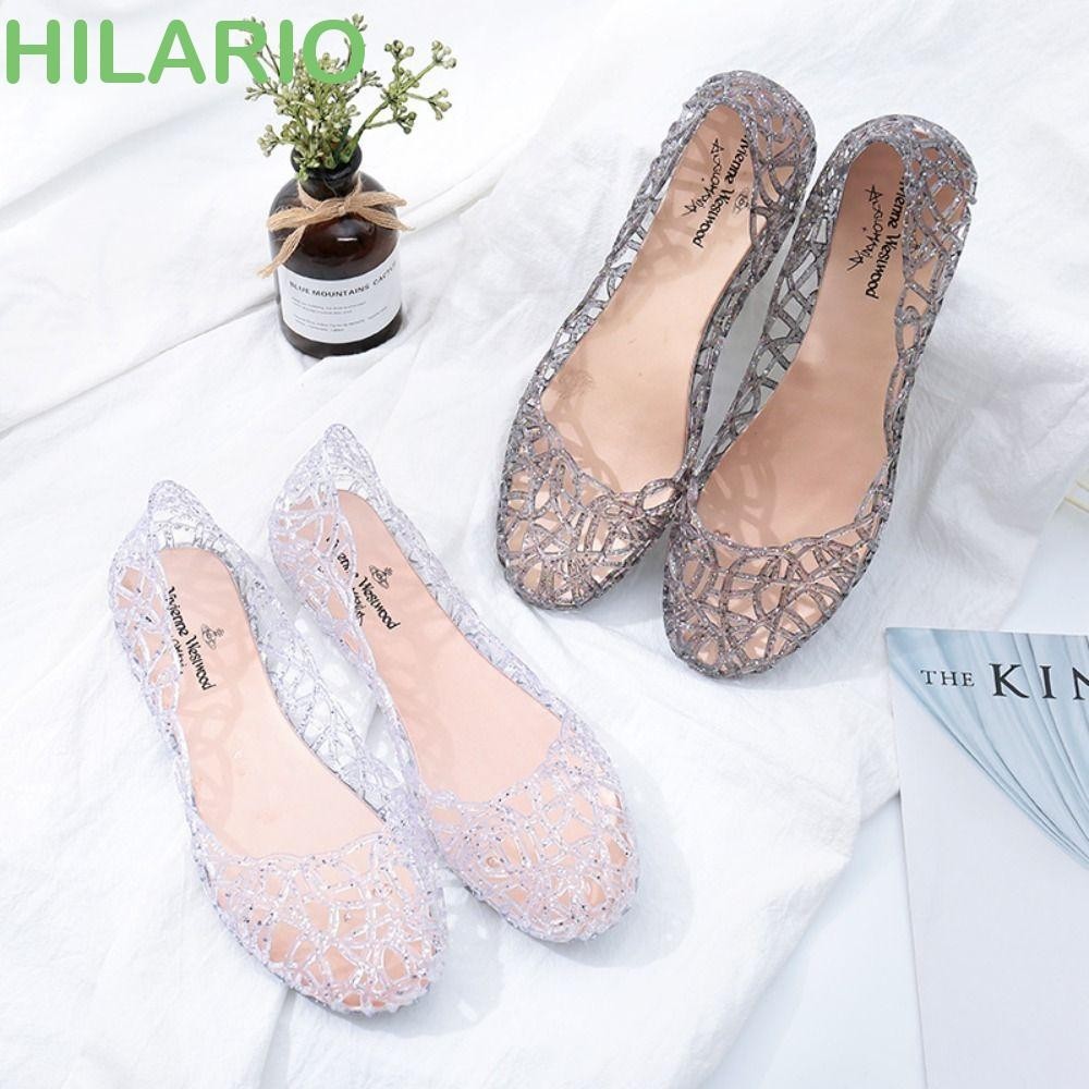 Hilario Beach Jelly Shoes, Hollow Out Flat soled Women Sandals, Casual Breathable Clear Shallow Mouth Bling รองเท ้ าแตะสุภาพสตรี