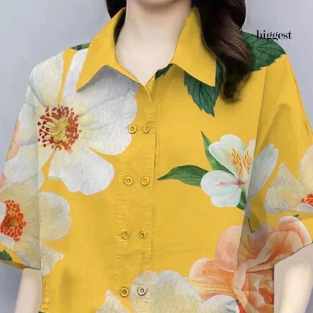 เสื้อลำลองแขนสั้นลายดอกไม้ กระดุม เชือกรูด ทรงหลวม thumbnail 10
