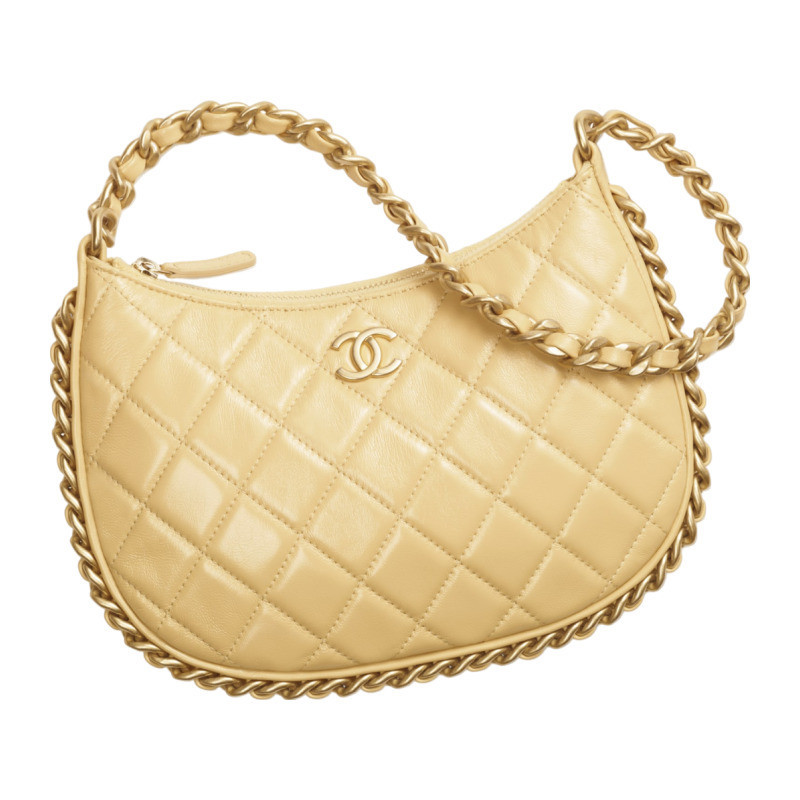 Chanel/Chanel womens bag hobo light yellow shiny lambskin diamond patterned homeless crescent