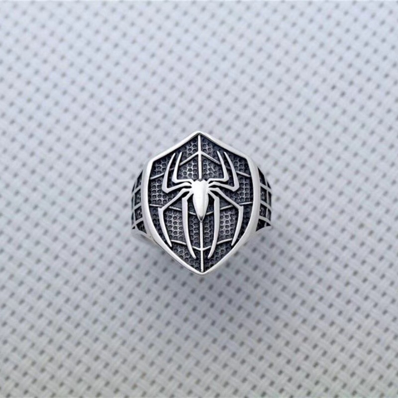 บุรุษแฟชั่นบุคลิกภาพไทยเงิน Spiderman แหวนวินเทจมาร์เวลแมงมุมเล็กเปิดแหวนนิ้วปรับได้