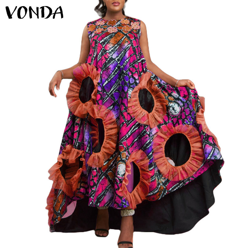Vonda ผู ้ หญิงวินเทจแฟชั ่ นคอกลมแขนกุดพิมพ ์ ชุดเย ็ บปะติดปะต ่ อกัน