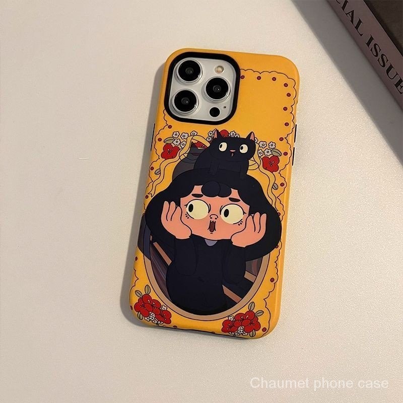 สาวแมวดําเข้ากันได้กับเคสโทรศัพท์ iPhone15 14 ขอบกลม 13promax กันกระแทก 11 สองชั้น XSMAX Frosted 12Pro เคสแข็ง PTZC