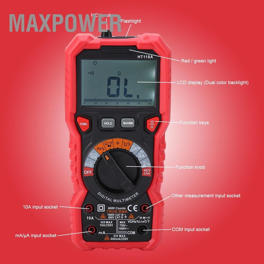 Maxpower HT118A มัลติมิเตอร์แบบดิจิตอลแบบใช้มือถือ AC/DC โวลต์แอมป์โอห์มความจุ Hz อุณหภูมิเครื่องทดสอบ w/