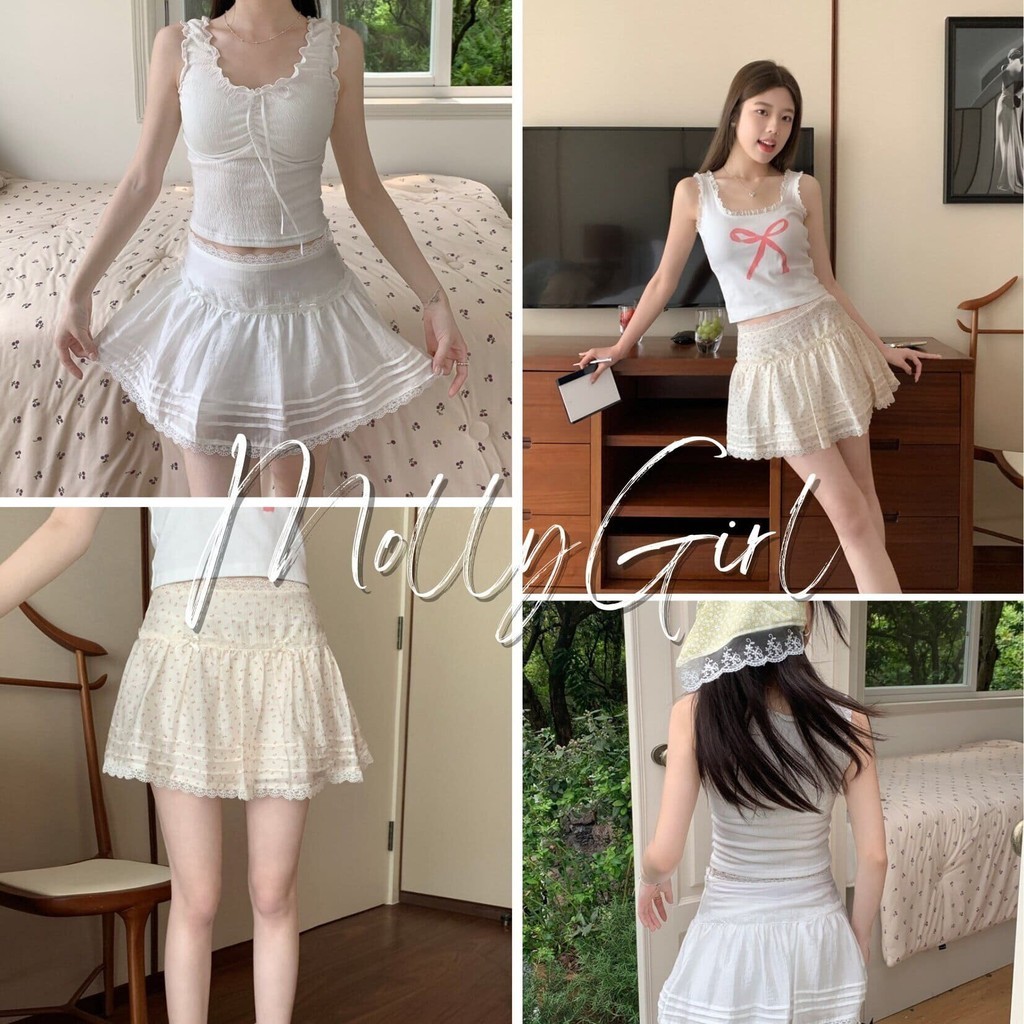 Mollygirl กระโปรงขอบลูกไม้ มินิมอล พร้อมส่ง มีไซส์