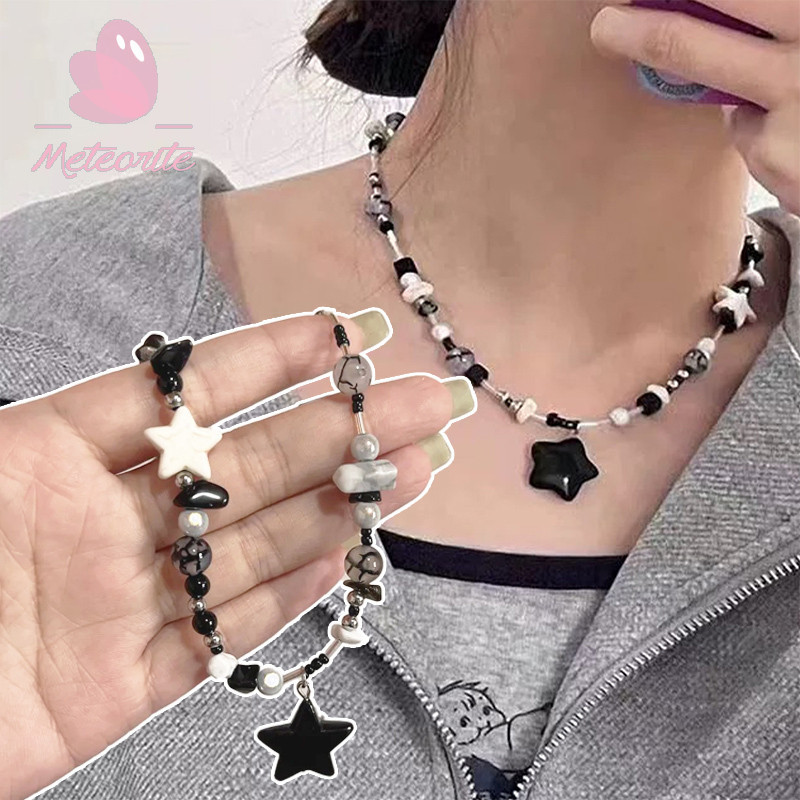 Kpop Star สร้อยคอลูกปัดสําหรับ Unisex – ผู้หญิง Y2K Punk Collar Chain – Vintage สีดํา Pentagram Choker สาว Jewely