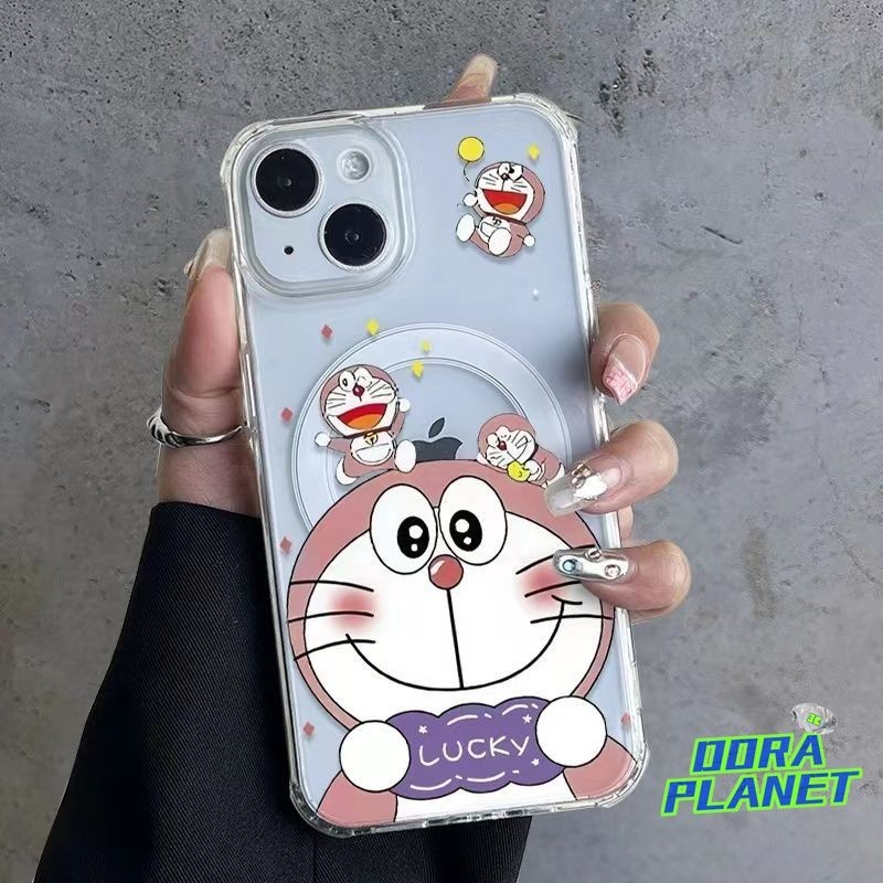 สี่สีชมพู Doraemons แม่เหล็กชาร์จไร้สายเคสโทรศัพท์สําหรับ iPhone 15 11 12 13 14 Pro MAX 12Mini XR 7 8 Plus SE 2020 X XS MAX กันกระแทก Anti-Fall ฝาครอบโปร่งใส