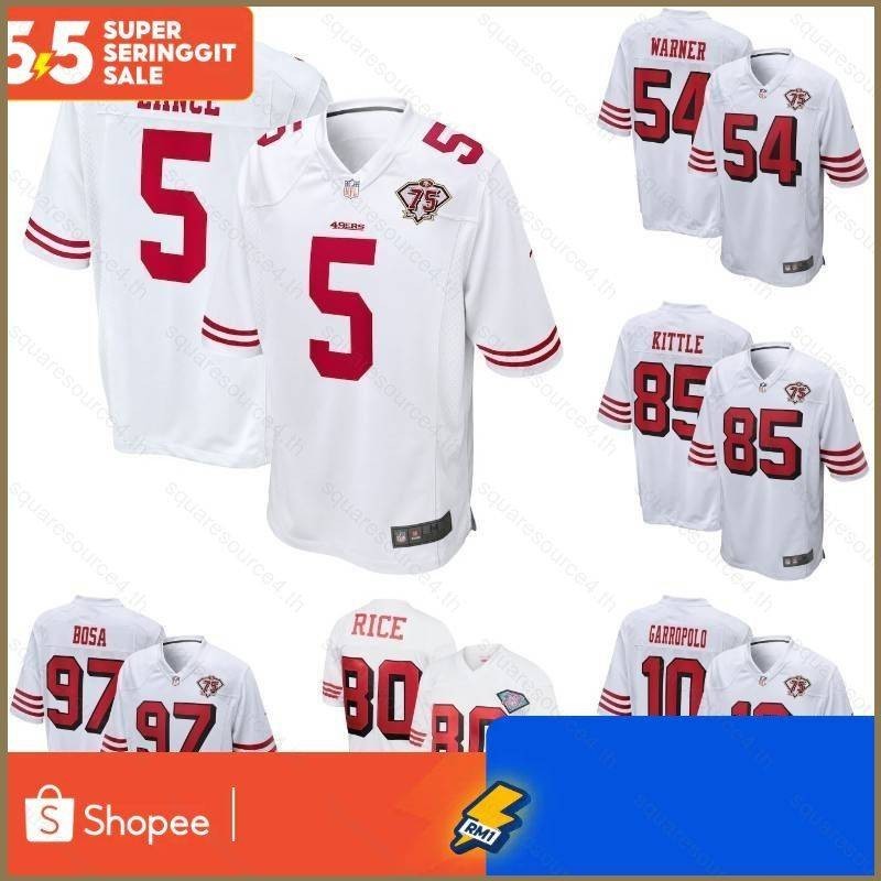 75th San Francisco 49ers NFL เสื ้ อฟุตบอล Rice Lance Warner Garropolo Bosa Kittle Sport Tee Unisex Plus ขนาด