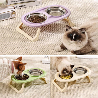 😻 ชามอาหารสัตว์เลี้ยง 2 หลุม มาพร้อมชามแสตนเลส แบบกันมด ถอดล้างได้