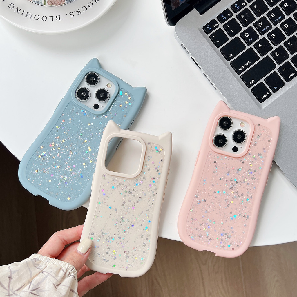 คุณภาพสูงน ่ ารักสนุกแมวหูออกแบบซิลิโคนTPUวัสดุBling Glitterสําหรับ เคสไอโฟน iPhone 15 14 13 12 11 Pro Maxกันกระแทกเต ็ มป ้ องกันสาวสวยกรณีปก